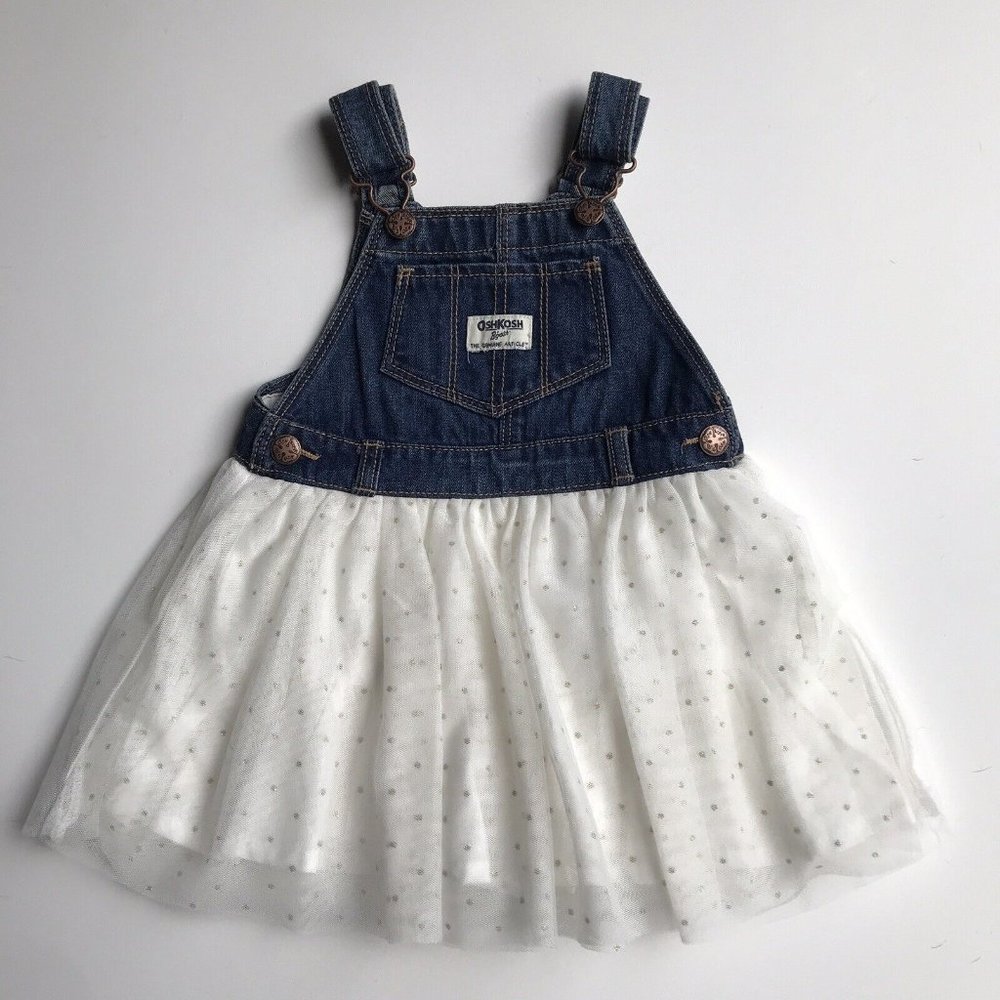 Oshkosh B’Gosh Vestbak Overall Dress Ivory Tulle Gold Sparkle Polka Dot Size 2T